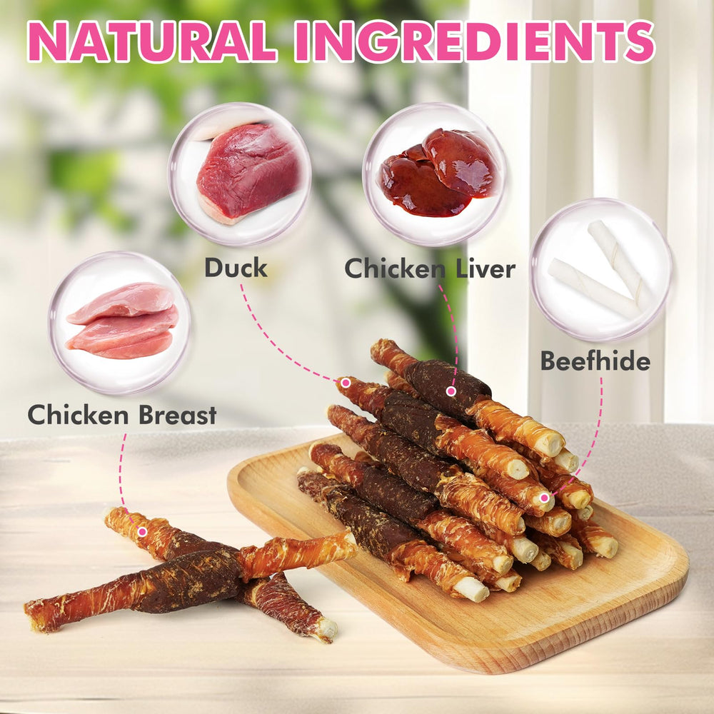 Puddonio rawhide stick with chicken, duck, liver; great training reward.
