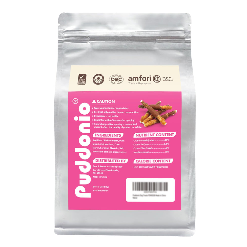 Puddonio dog treats with real chicken and liver flavor.