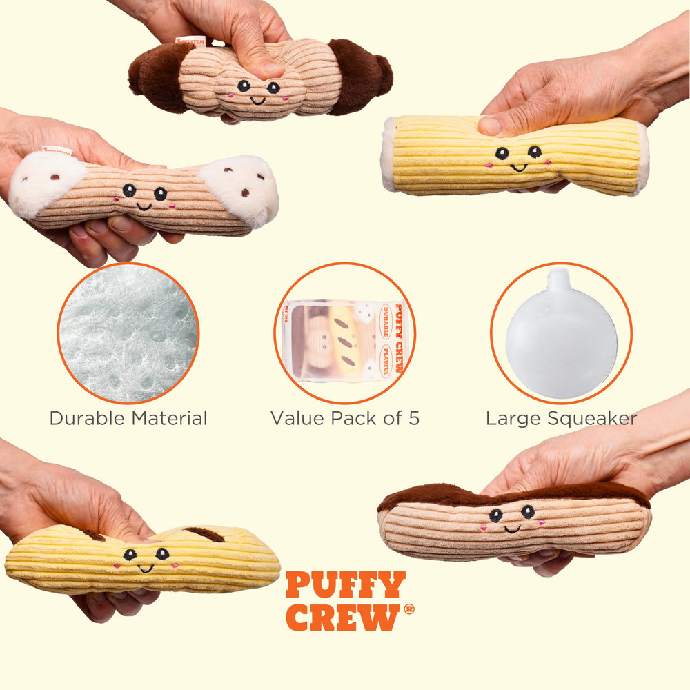 Puffy Crew Bakery Bite_Stick collection shows five versatile toys for fetch and chew