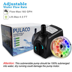 PULACO 160GPH pump four-color LED display shows customizable night lighting