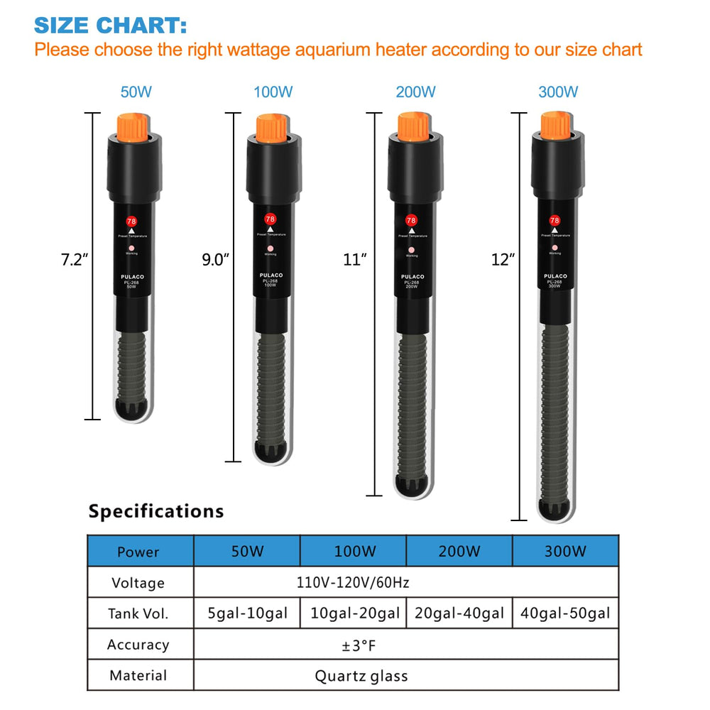 PULACO heater with suction cups provides secure, adjustable mounting for aquariums.