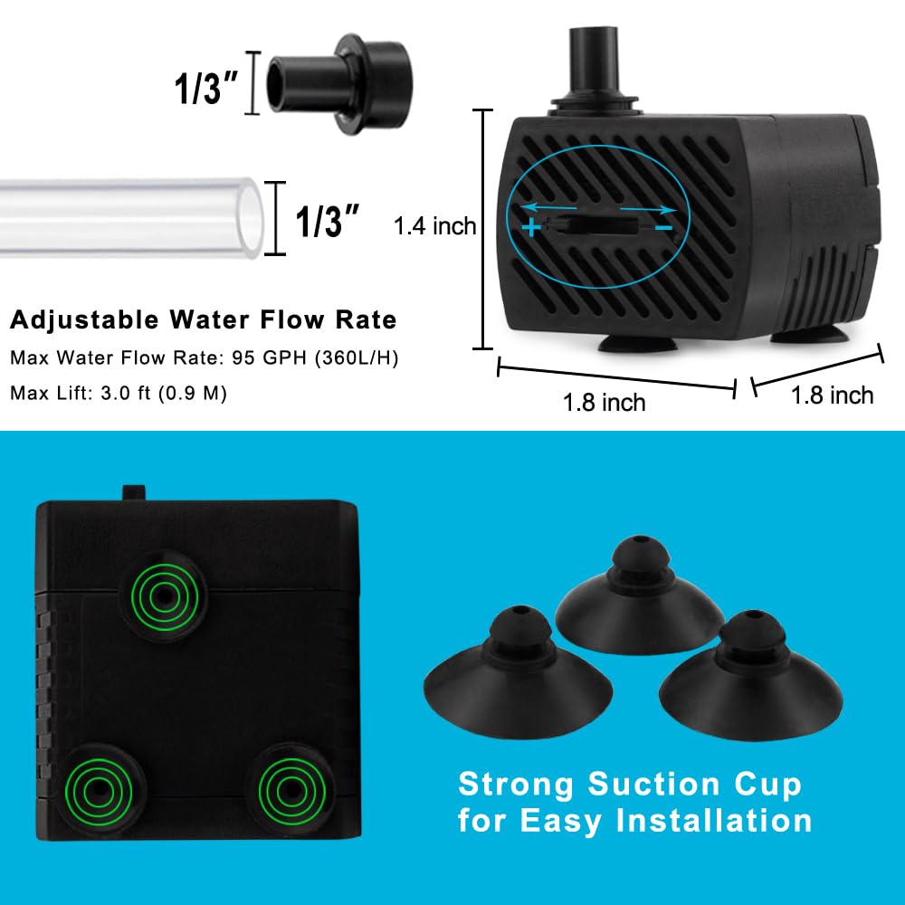 PULACO pump accessories including suction cups, nozzle, and 3.3 ft tubing.