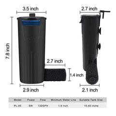 PULACO quiet 132GPH pump illustrating low-noise operation in compact filter