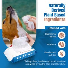 PUMBLER Pet Wipes pack-closeup highlights unscented formula with vitamin E and chamomile.