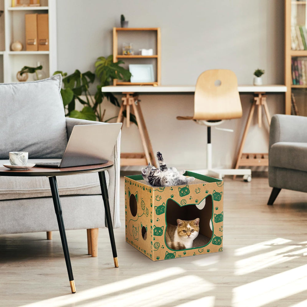 Pumtus cat house placed against wall for stability