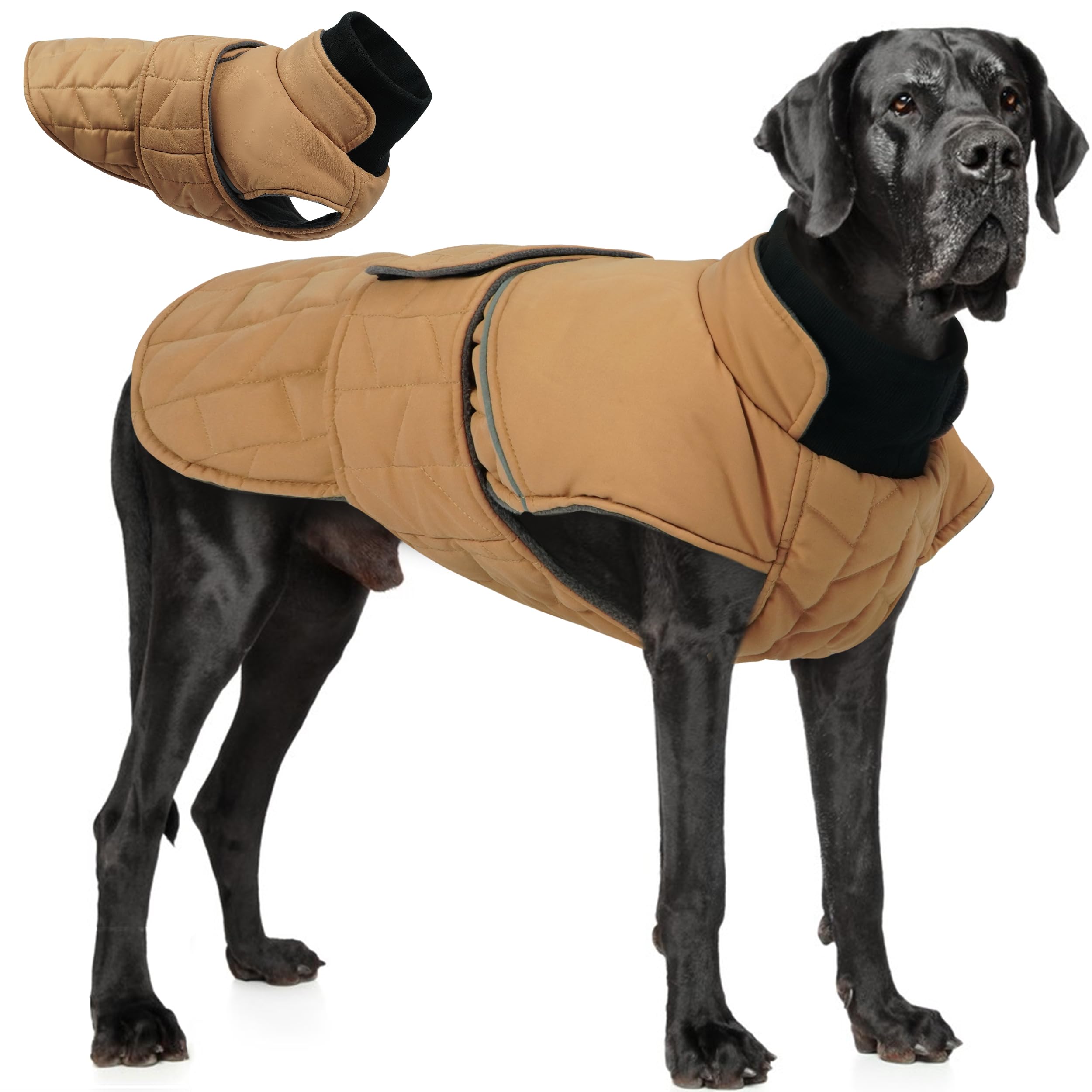 PUMYPOREITY warm dog jacket front view shows light padding for easy, unrestricted movement.