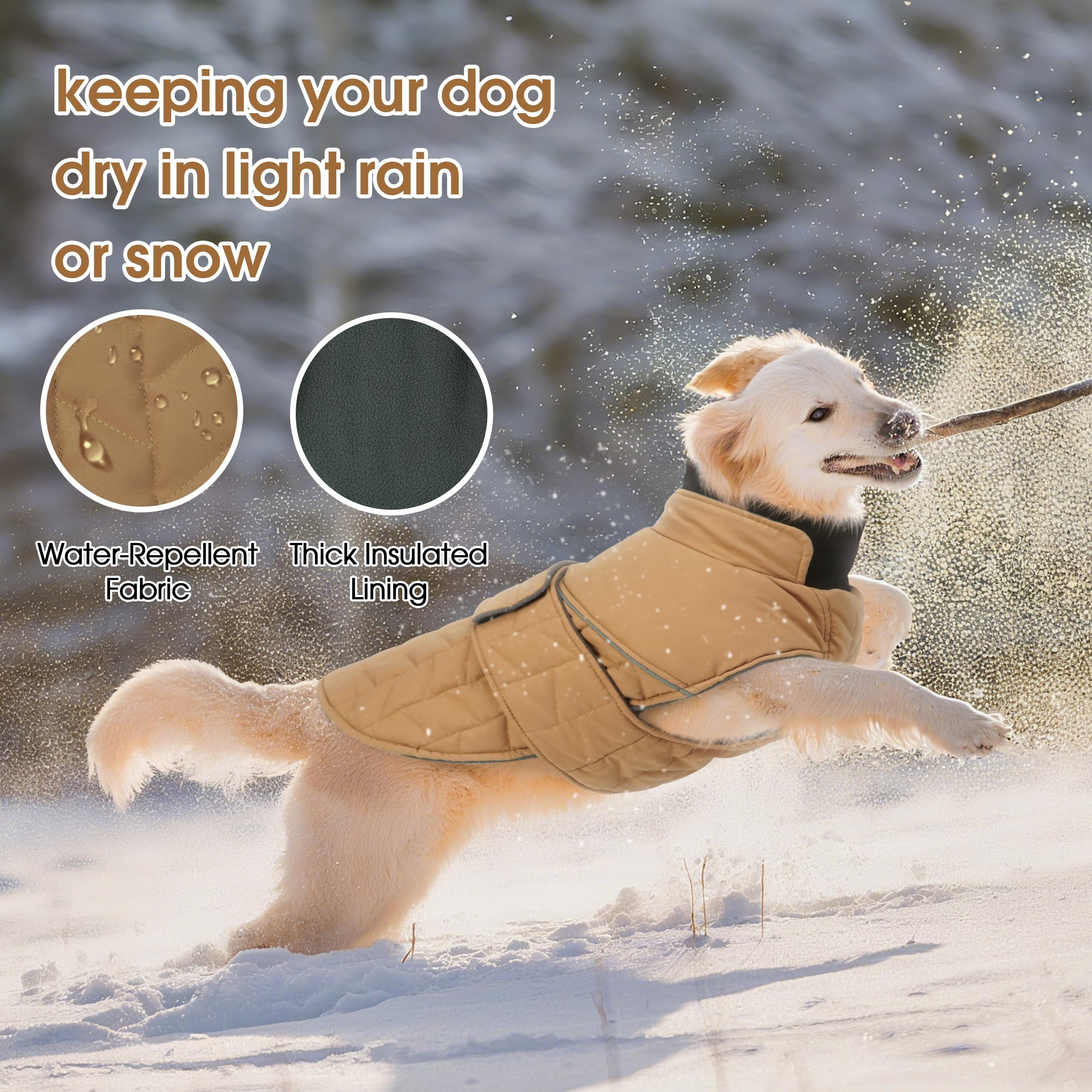PUMYPOREITY warm dog jacket side view highlights adjustable hook-and-loop for a snug fit.