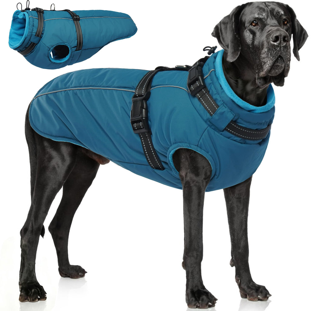 PUMYPOREITY dog jacket with built-in harness blue XL on a large dog for safe outdoor walks.