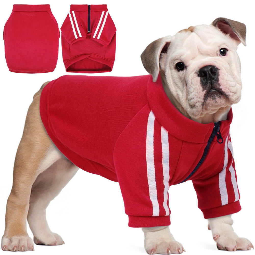 PUMYPOREITY Bulldog Hoodie red front view — easy on/off for comfy daily walks.