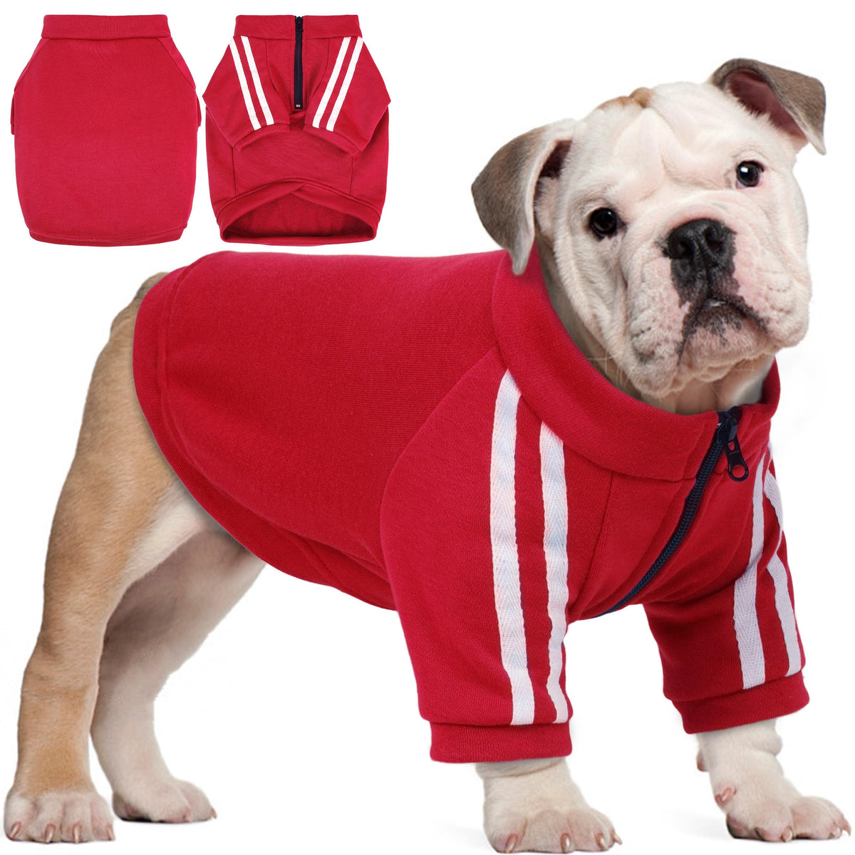 PUMYPOREITY Bulldog Hoodie red front view — easy on/off for comfy daily walks.