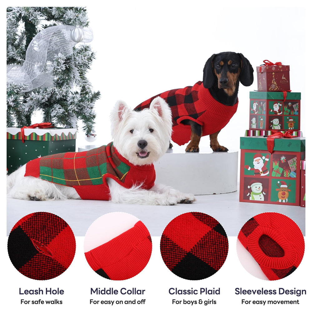 PUMYPOREITY Classic Plaid Dog Sweater close-up knit texture for warmth and softness