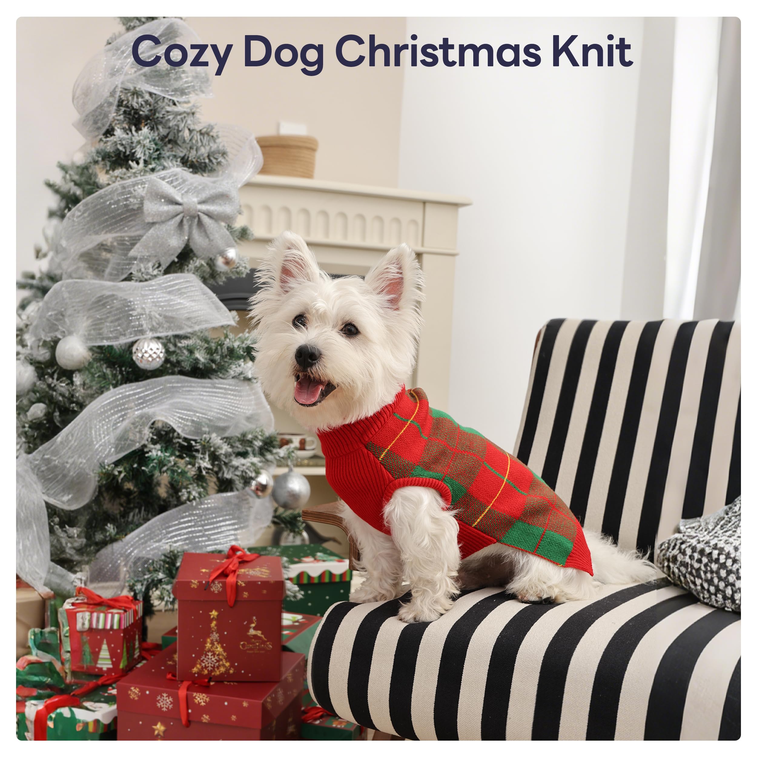 PUMYPOREITY Warm plaid dog sweater shown on dog during autumn scene