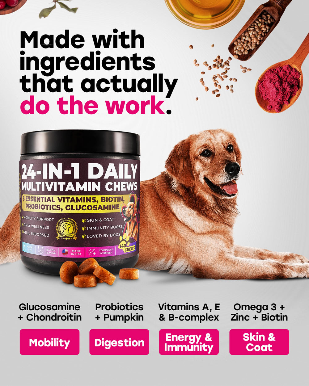 Pup Choice 24-in-1 beef-flavor chew close-up showing texture