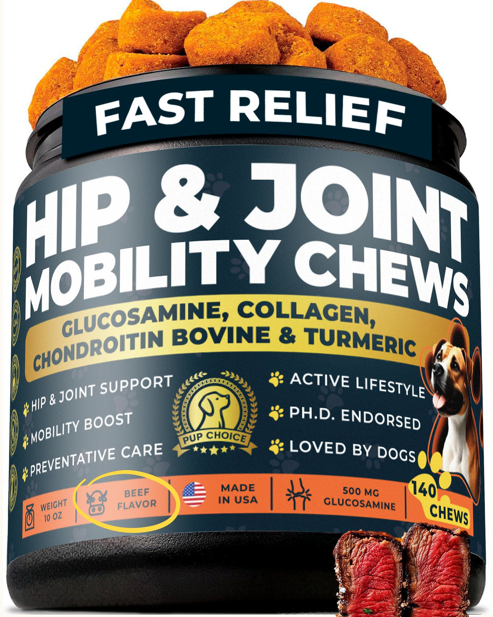 Pup Choice glucosamine 500mg chews in beef flavor support joint mobility for dogs.