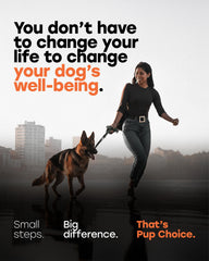 Pup Choice hip joint supplement bottle label highlights complete mobility support for large breeds.