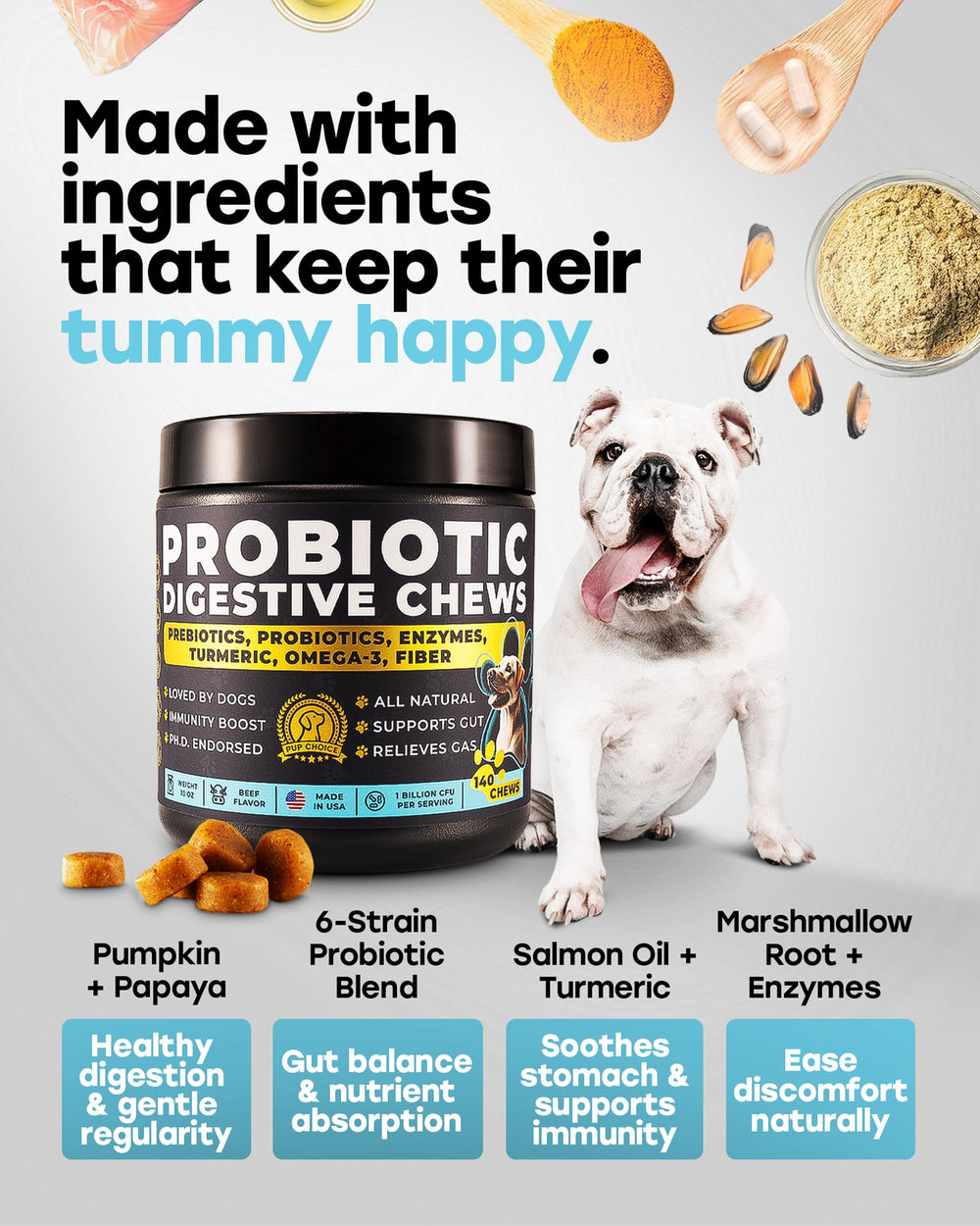 Pup Choice transparent-ingredients-label emphasizes safe, recognizable carriers for dogs.