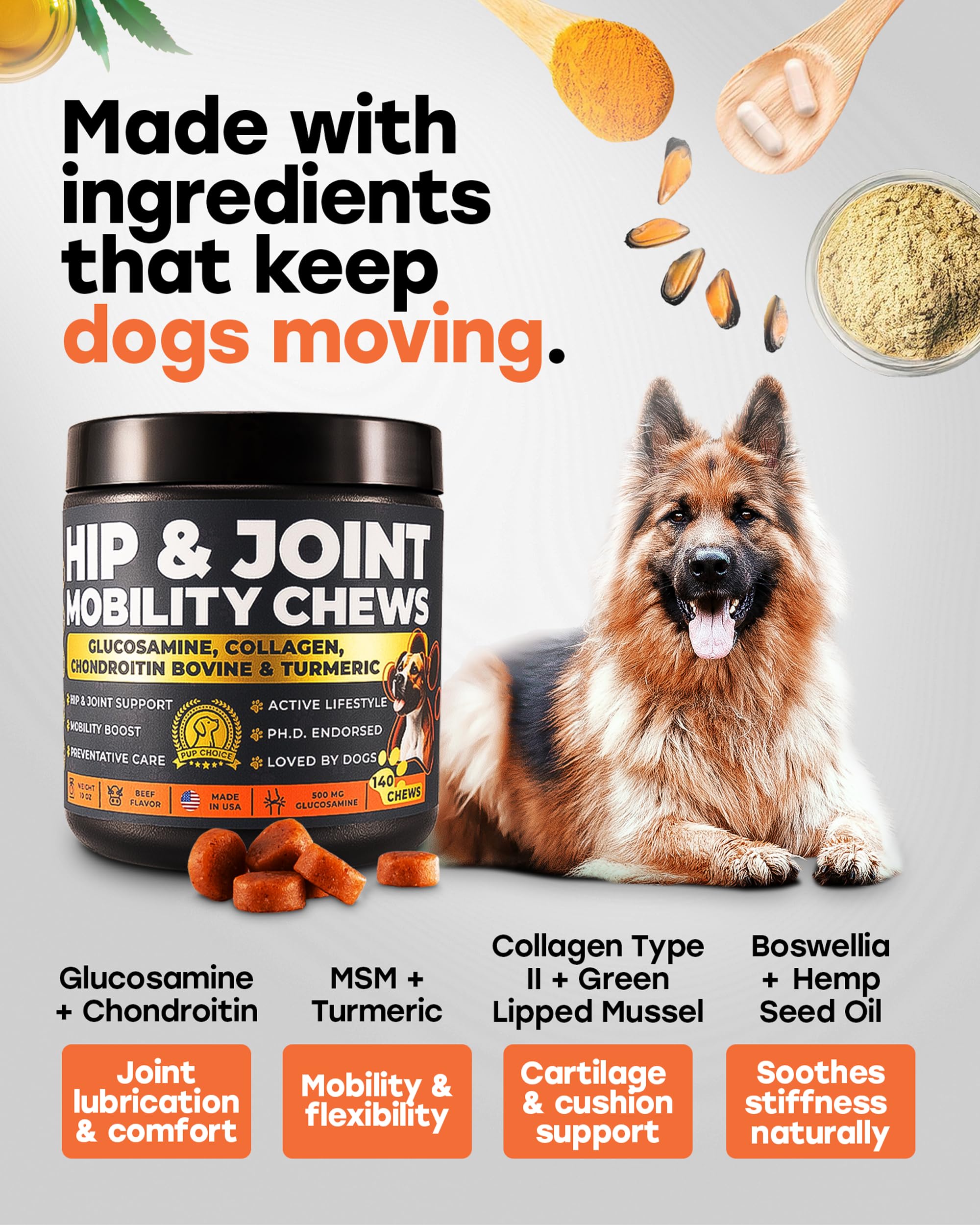 Pup Choice large-breed joint care formulation image emphasizes targeted hip and joint support.