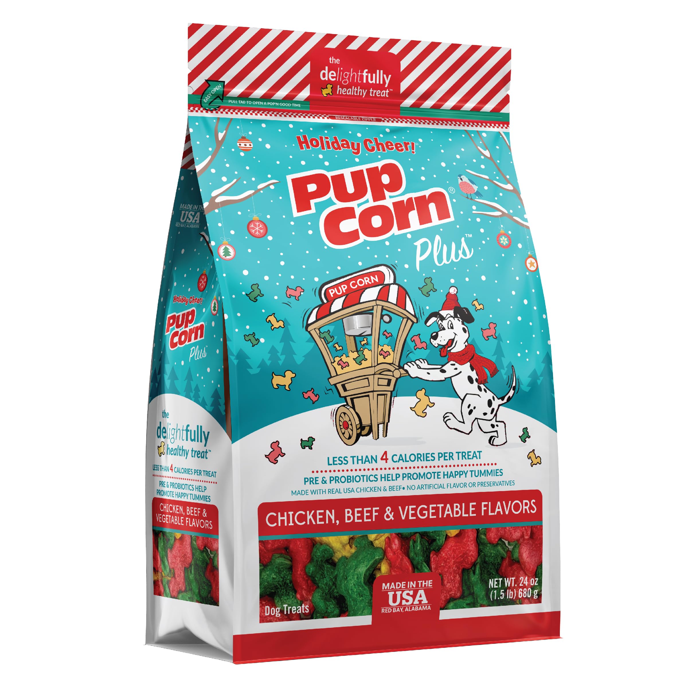 Pup Corn Plus puffed treats close-up highlighting crunchy texture for tummy-friendly snacking.