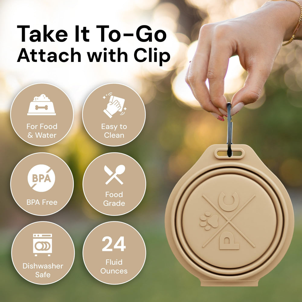 Pup Culture bowls clipped to a backpack on the trail for easy access