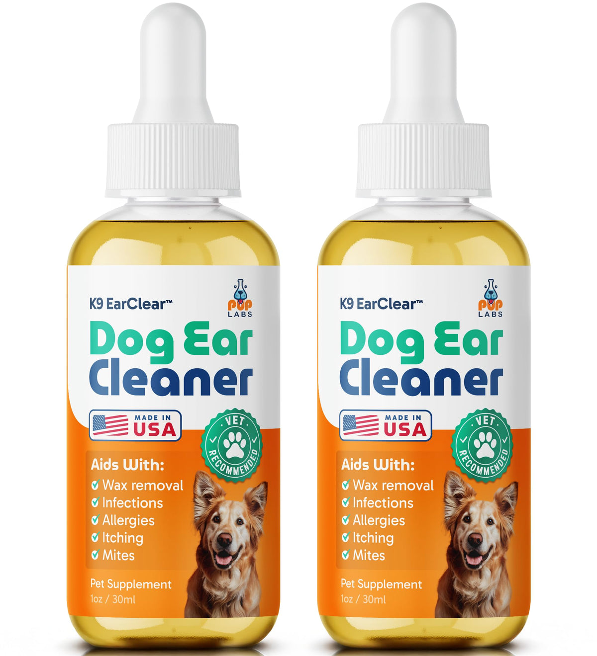 Pup Labs Ear Clear bottle closeup highlights natural dog ear cleaner for gentle care.