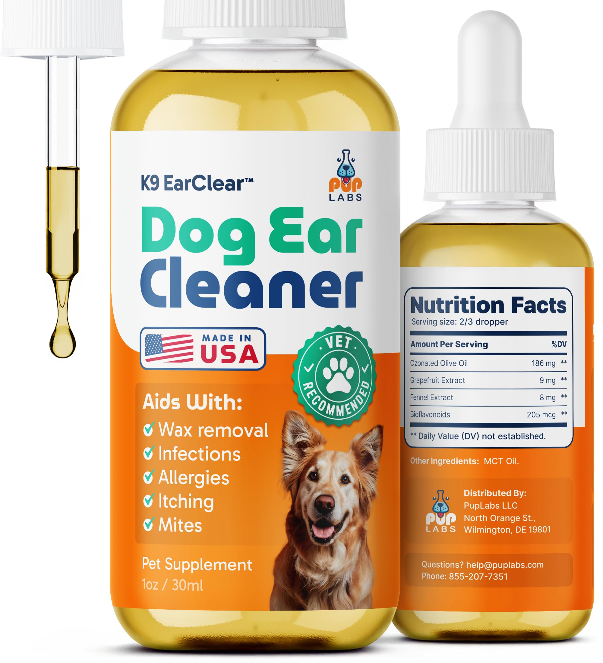 Pup Labs Ear Clear bottle with dropper for easy, gentle ear cleaning.
