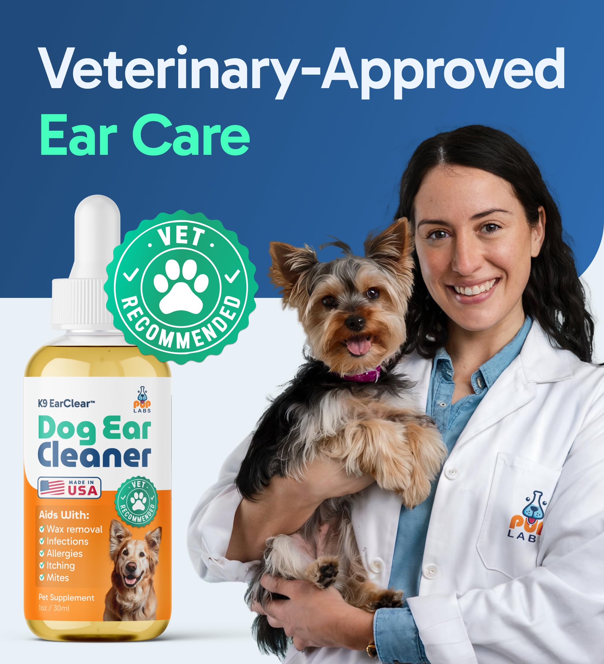 Pup Labs Ear Clear used during a dog ear care session showing dual-action formula.