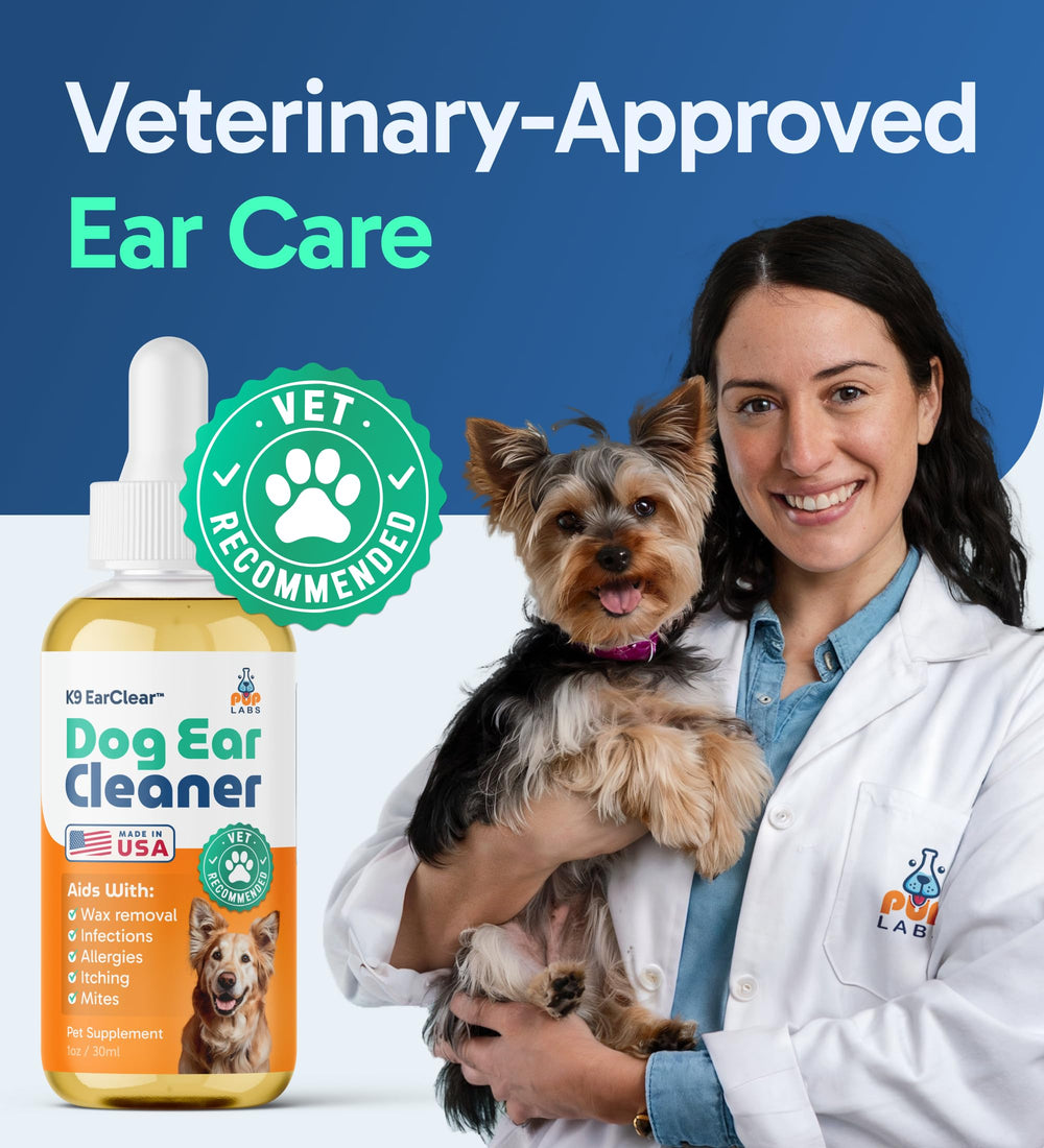 Pup Labs Ear Clear used during a dog ear care session showing dual-action formula.