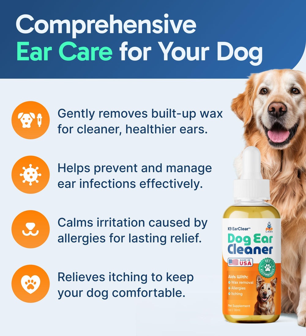 Pup Labs Ear Clear drops dispensing demonstrates easy application for dogs.