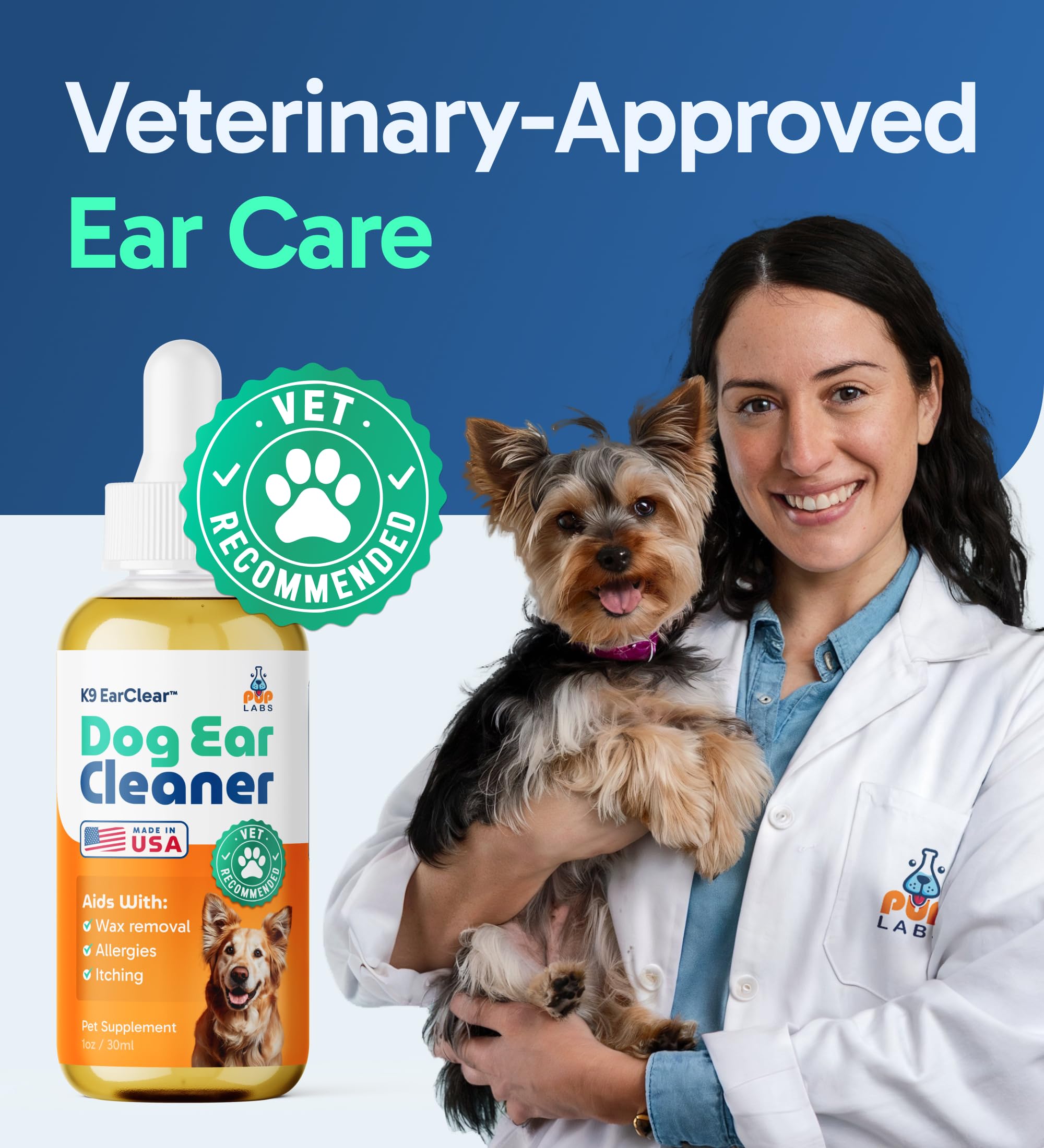 Pup Labs Ear Clear packaging shows a 2-pack option for ongoing care.