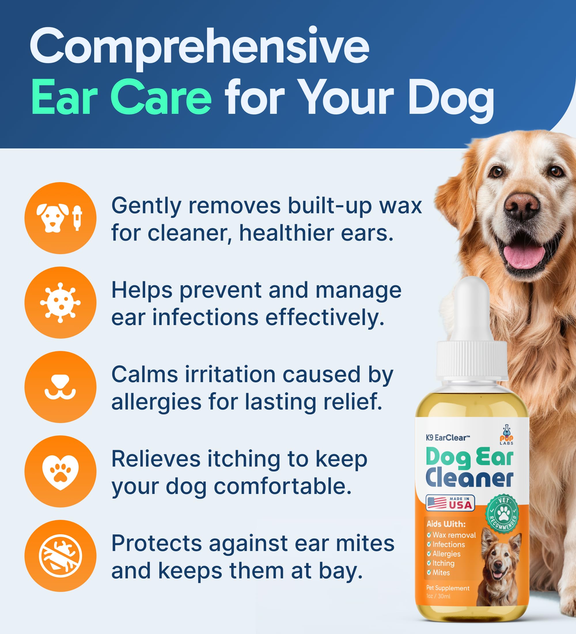 Pup Labs Ear Clear action removes wax, dirt, and odors from ears.