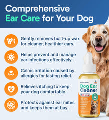 Pup Labs Ear Clear action removes wax, dirt, and odors from ears.