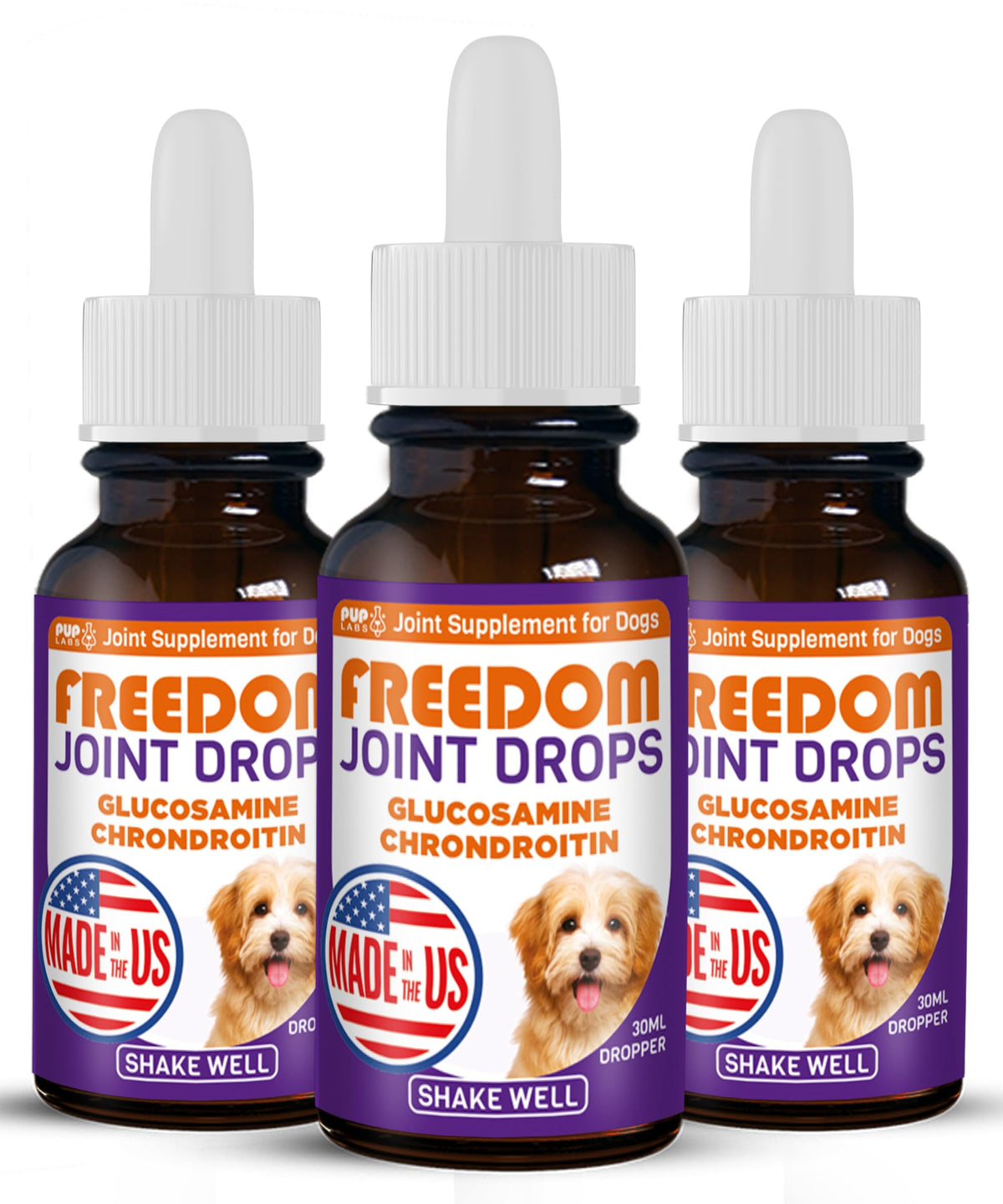 Pup Labs Freedom Joint Drops bottle emphasizes human-grade formula for joint support.