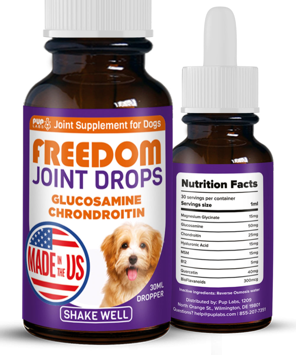 Pup Labs Freedom Joint Drops bottle supports dog mobility and hip health