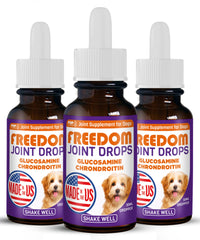 Pup Labs Freedom Joint Drops bottle emphasizes human-grade formula for joint support.