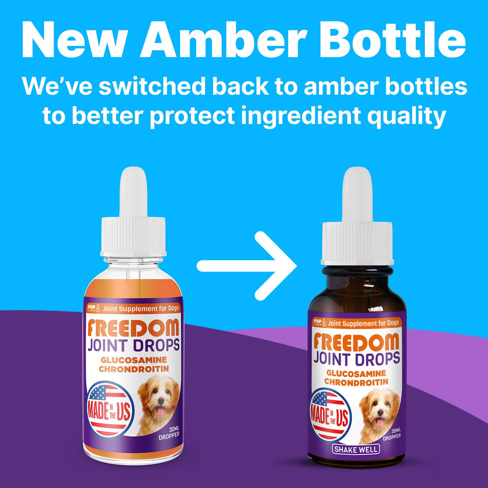 Pup Labs Freedom Joint Drops dosing dropper shows precise, simple dog administration.