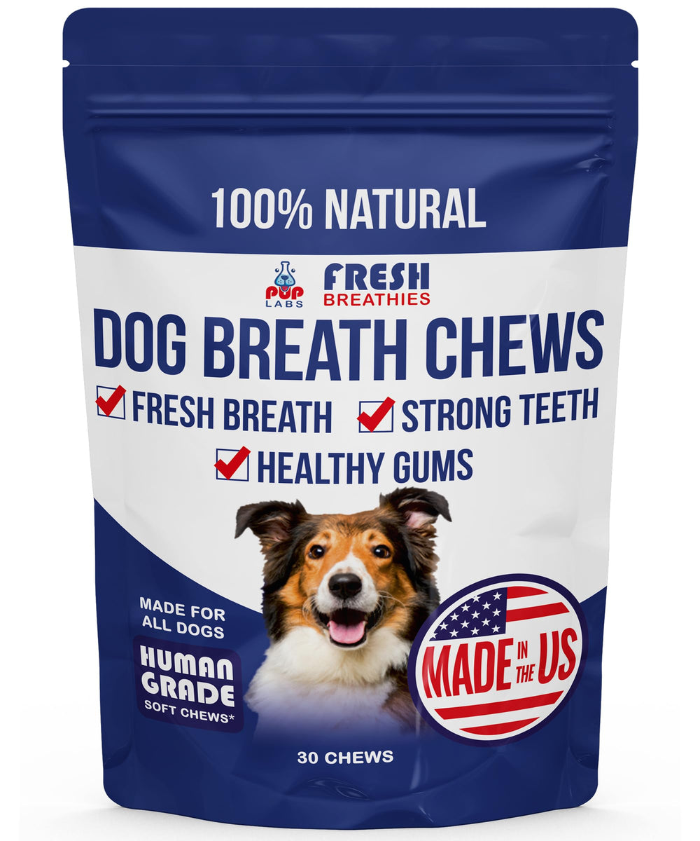 Pup Labs Fresh Breathies bottle packaging highlights natural ingredients for fresher breath.