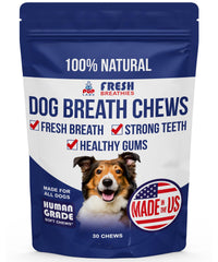 Pup Labs Fresh Breathies bottle packaging highlights natural ingredients for fresher breath.