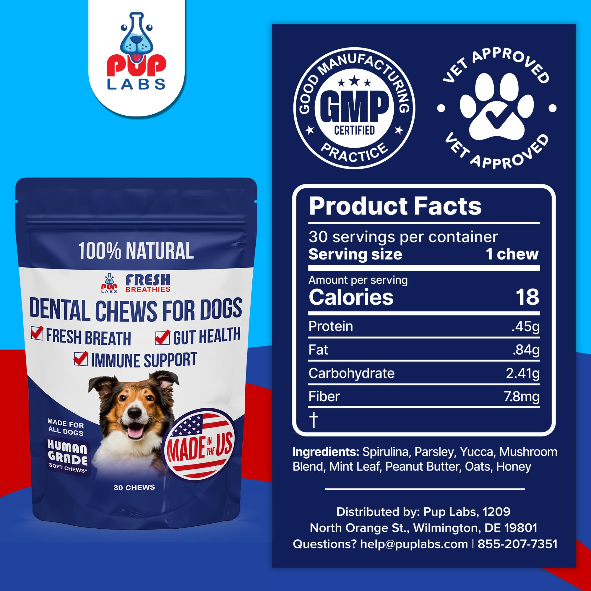 Pup Labs Fresh Breathies dental treats arranged with a dog for scale and everyday use.