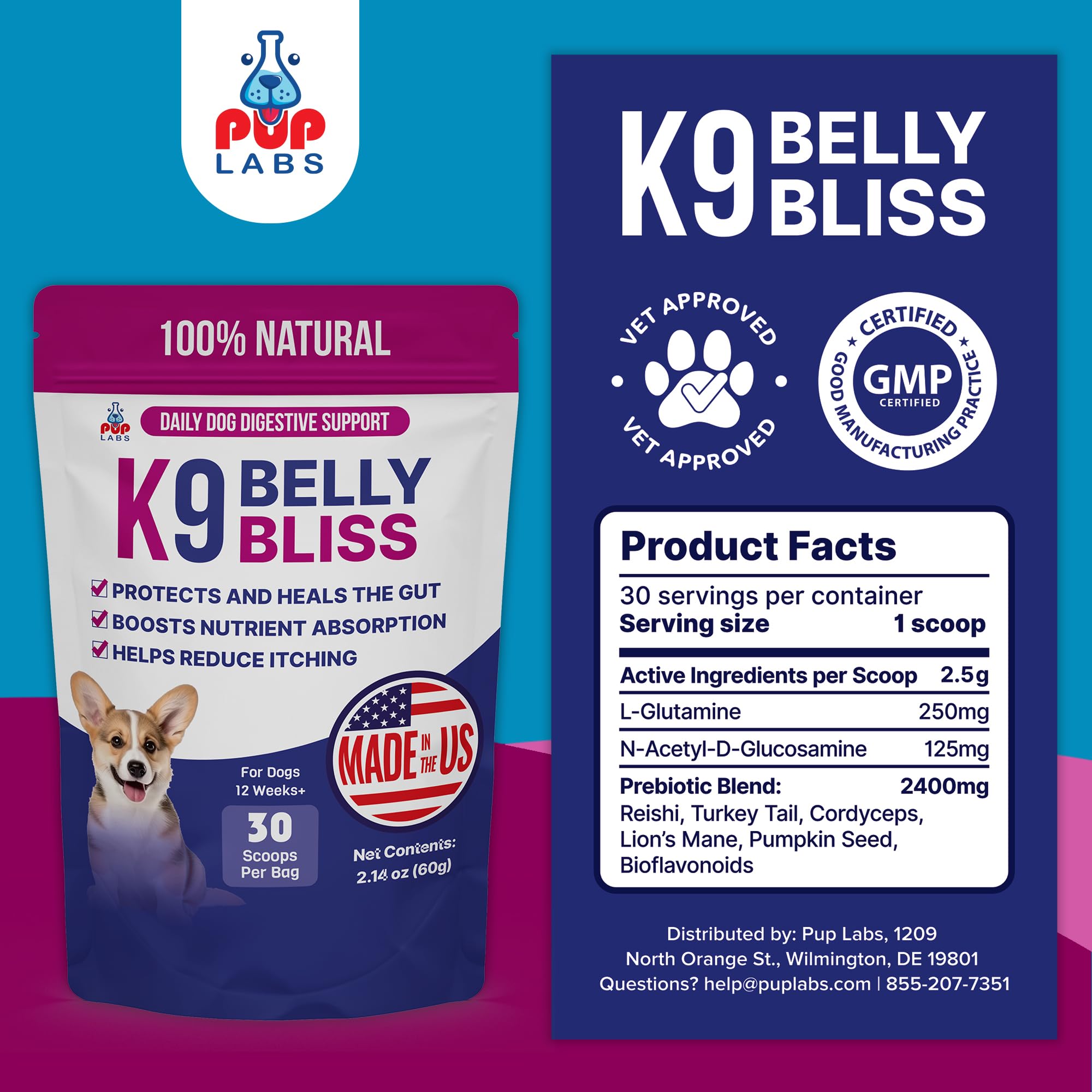 Pup Labs K9 Belly Bliss improves coat and skin health via gut support.