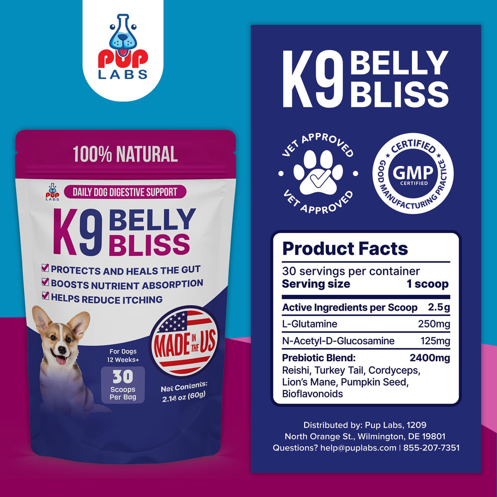 Pup Labs K9 Belly Bliss improves coat and skin health via gut support.