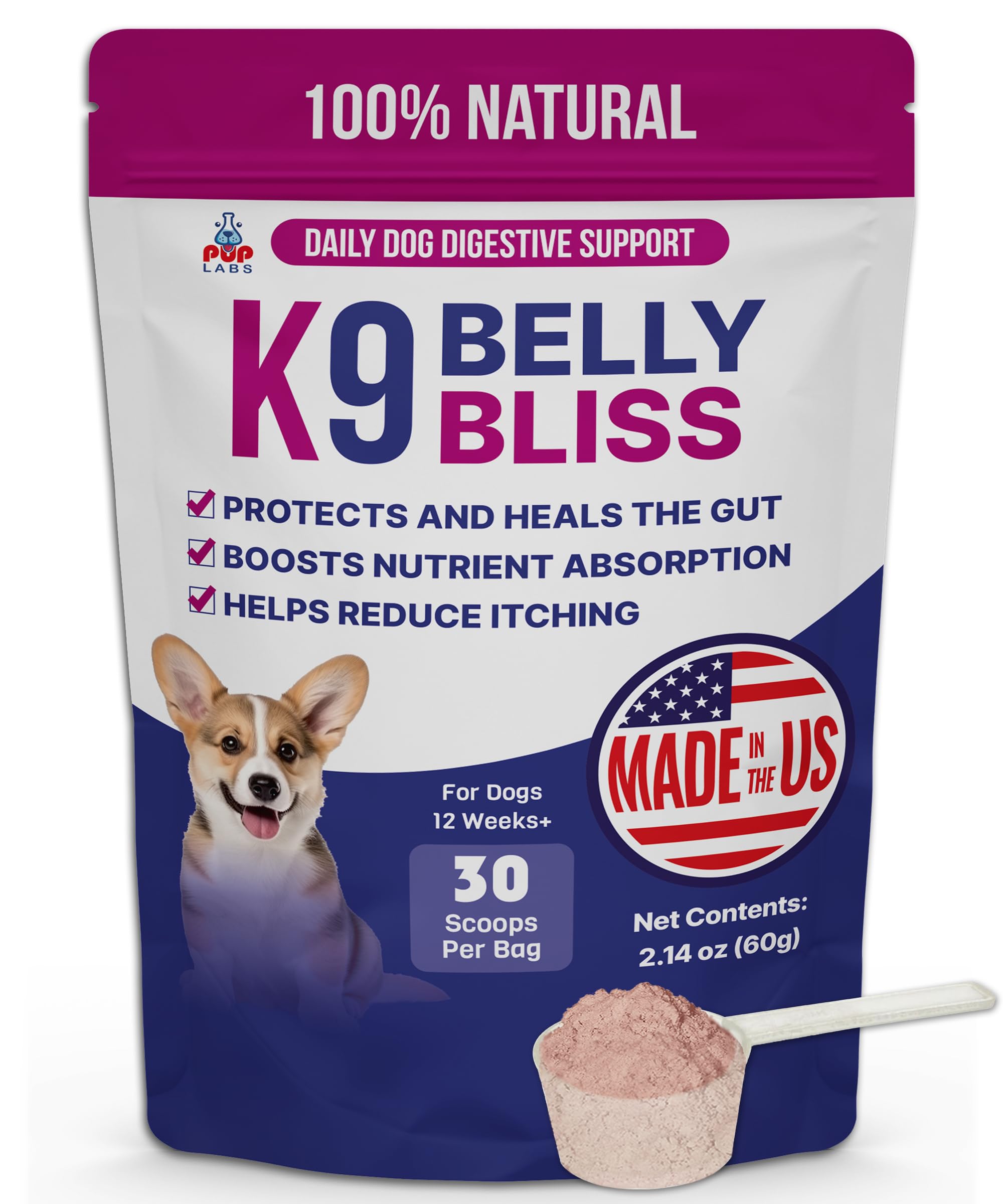 Pup Labs K9 Belly Bliss packaging with scoop for easy daily dosing.