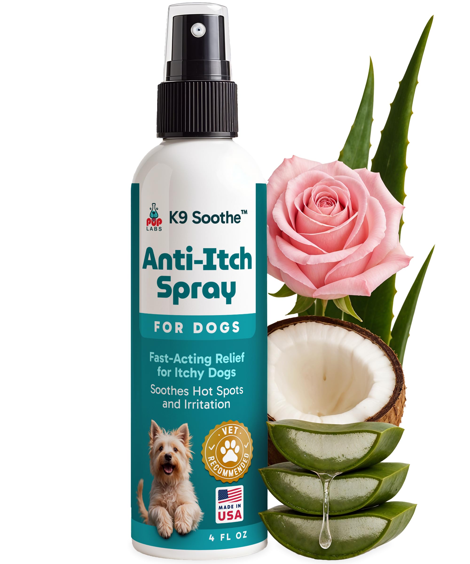 Pup Labs K9 Soothe bottle front—easy application for potential itch relief.