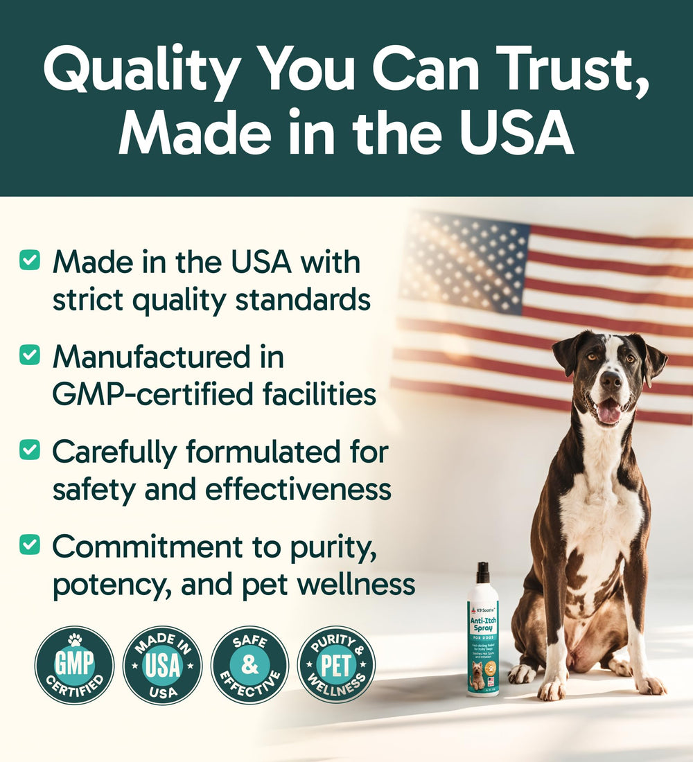 Pup Labs K9 Soothe packaging close-up—USA-made with vet-approved standards.