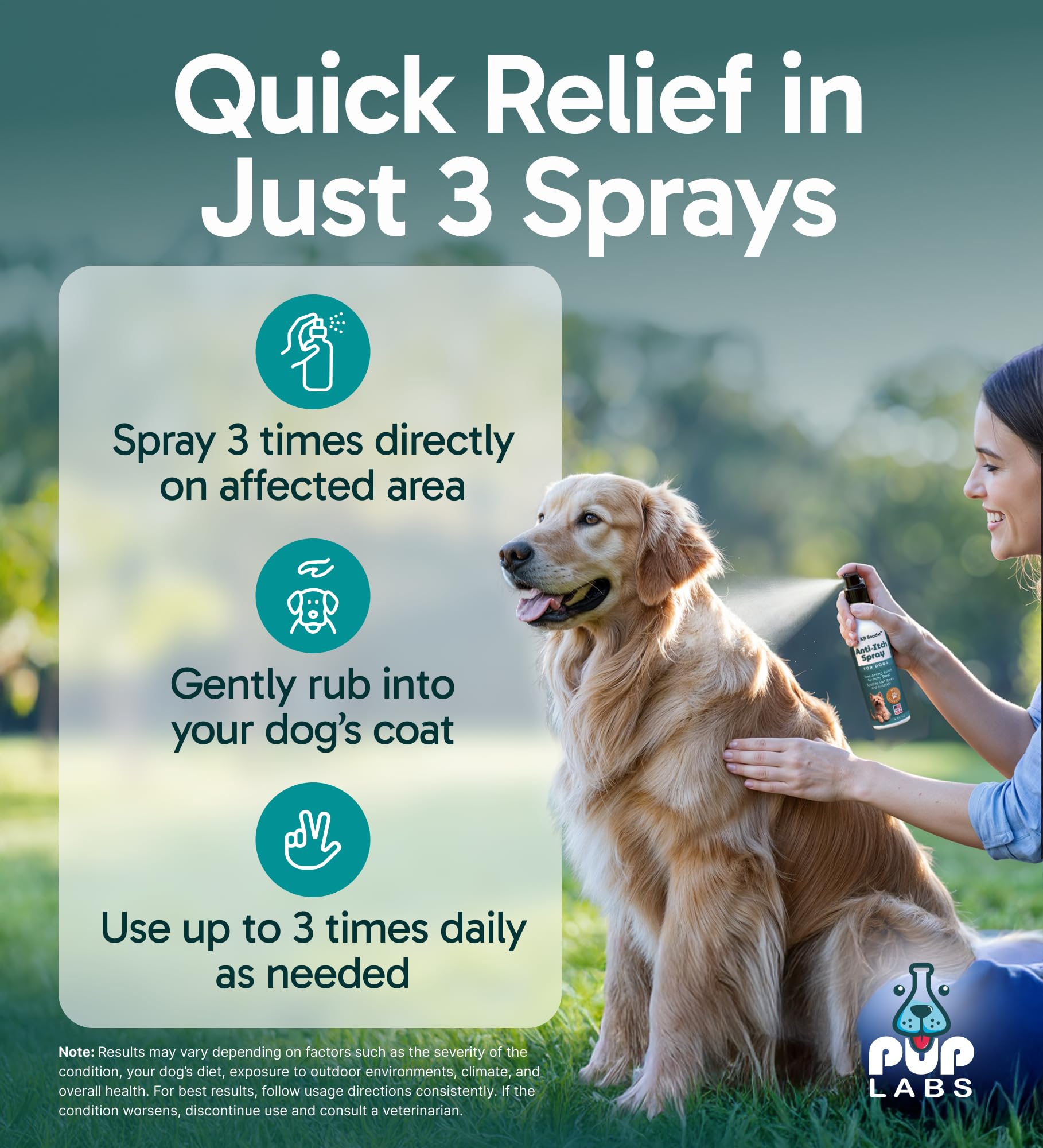 Pup Labs K9 Soothe on dog's irritated area—targeted relief near hot spots.