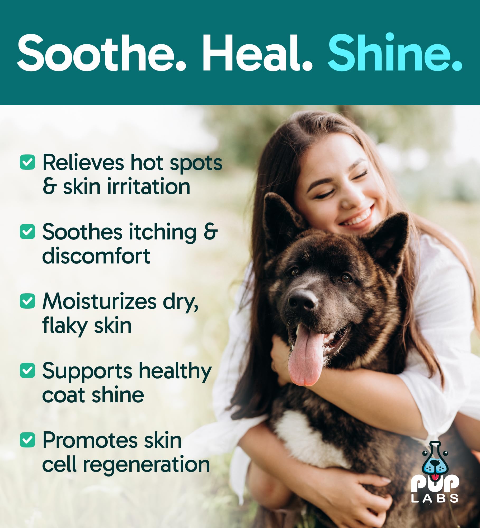 Pup Labs K9 Soothe ingredients close-up—aloe, rose, coconut for soothing care.