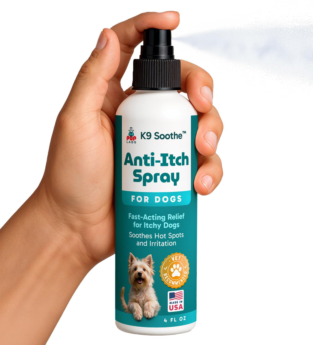 Pup Labs K9 Soothe spray in routine care scene—calming aroma during grooming.