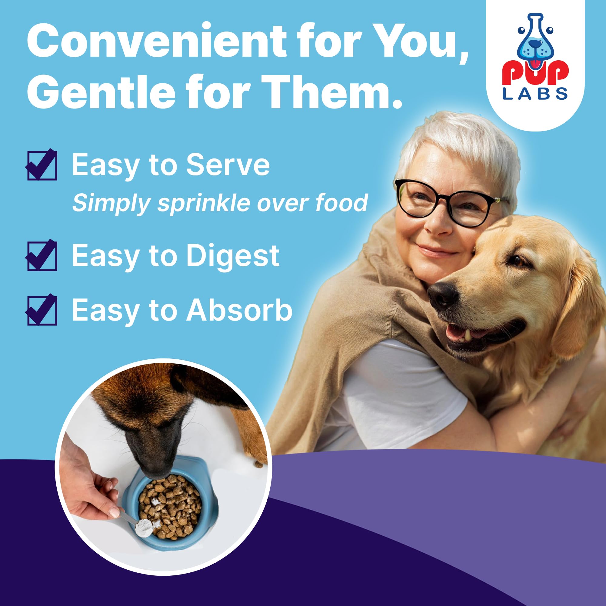 Pup Labs ProDenta scoop shows weight-based servings for small to large dogs