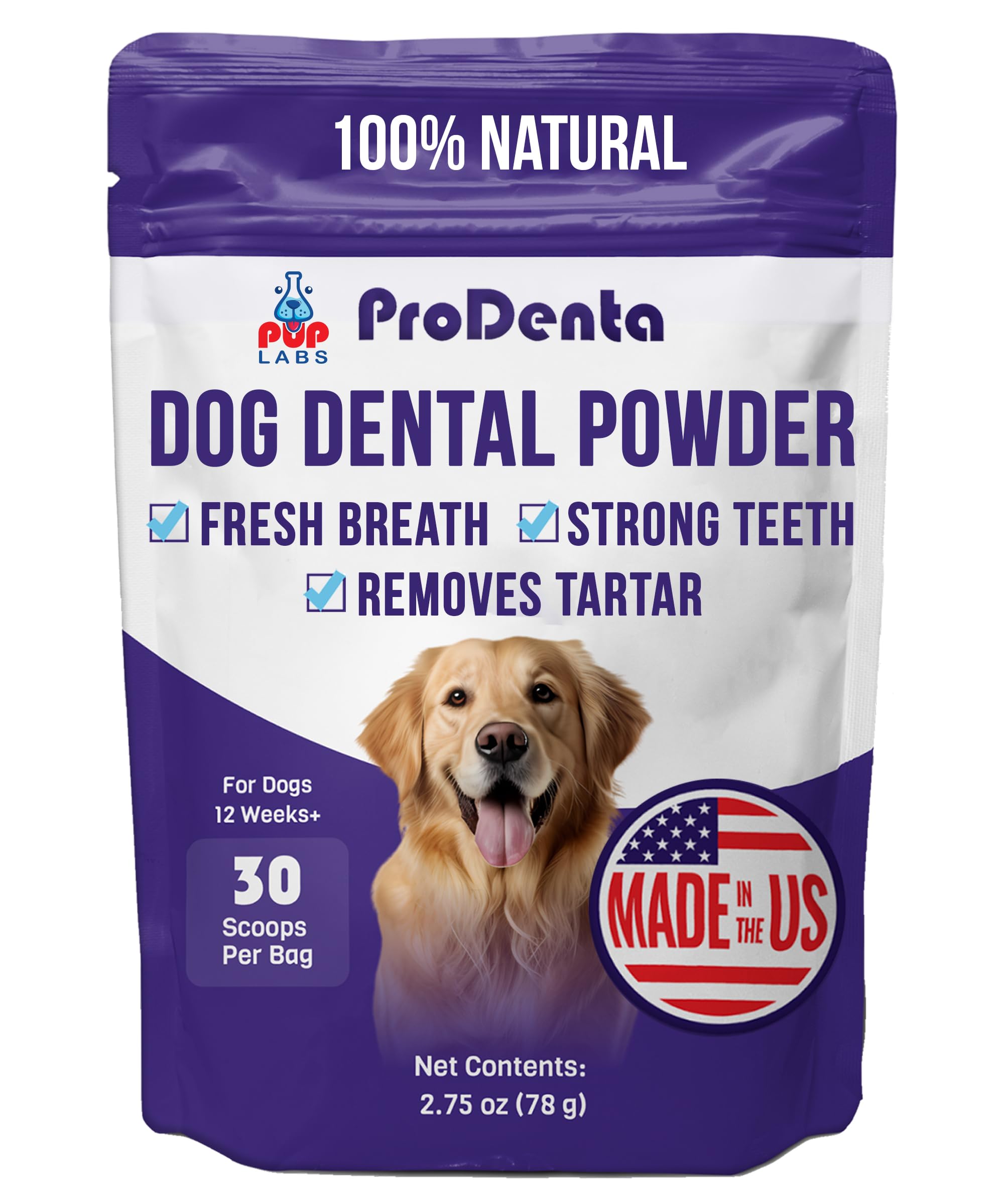 Pup Labs ProDenta powder in tub ready for daily dental care