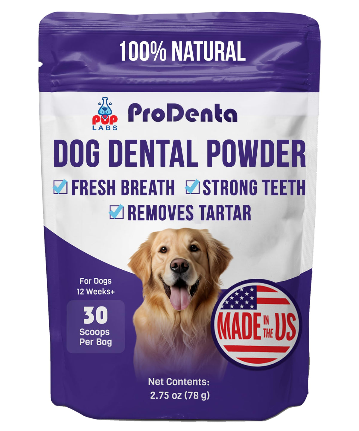 Pup Labs ProDenta powder in tub ready for daily dental care
