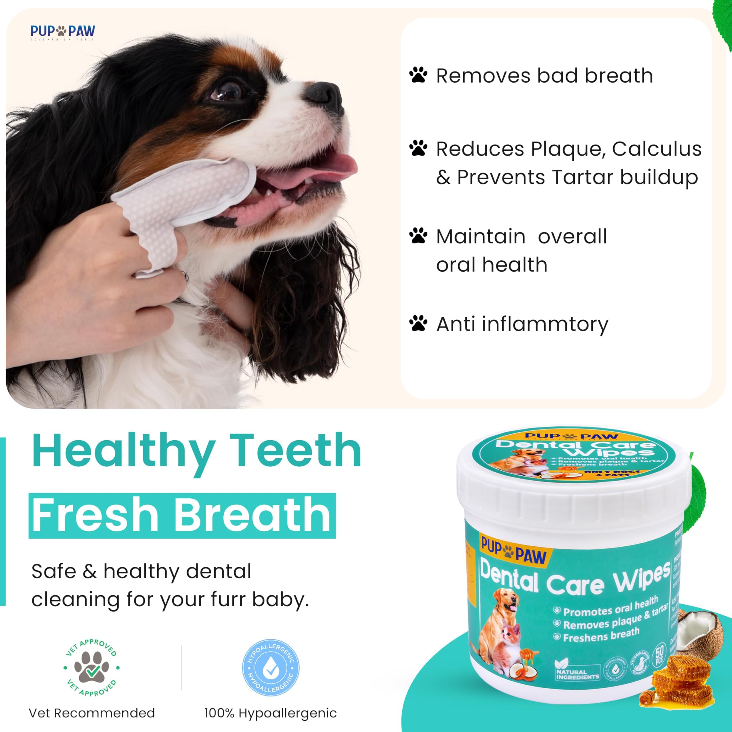PUP PAW Premium dog teeth wipes for small and large pets illustrate versatility.